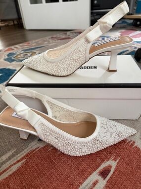 Steve Madden Ivory Pearl-Embellished Slingback Heels